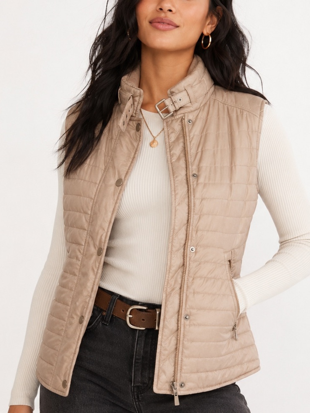 Daisy Taupe Faux Fur Lined Puffer Vest Snap Zip Lightweight Gorpcore Small